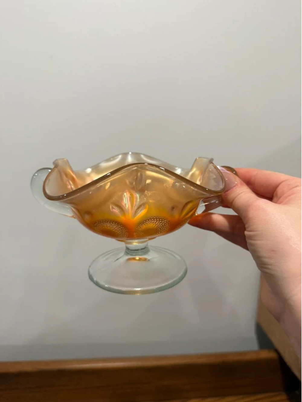 Antique Dugan Question Marks Marigold Carnival Glass Bonbon